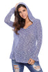 Blue Hooded V-Neck Long Sleeve Loose Knitted Top